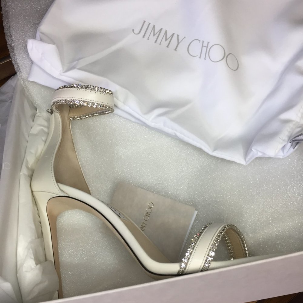 Jimmy Choo Dochas Size 40.5 Latte Leather with Jewel Trim Bridal Sandals Heels - Picture 14 of 15
